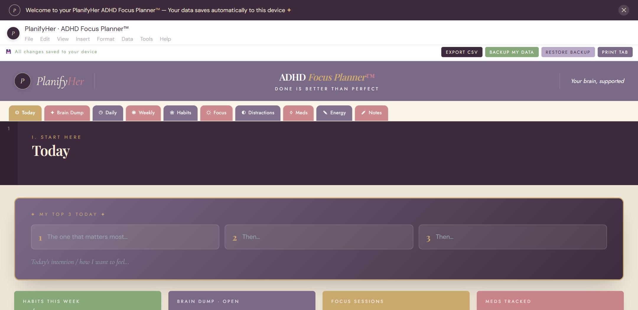 ADHD Focus & Dopamine Planner™ — interactive planner dashboard preview | PlanifyHer
