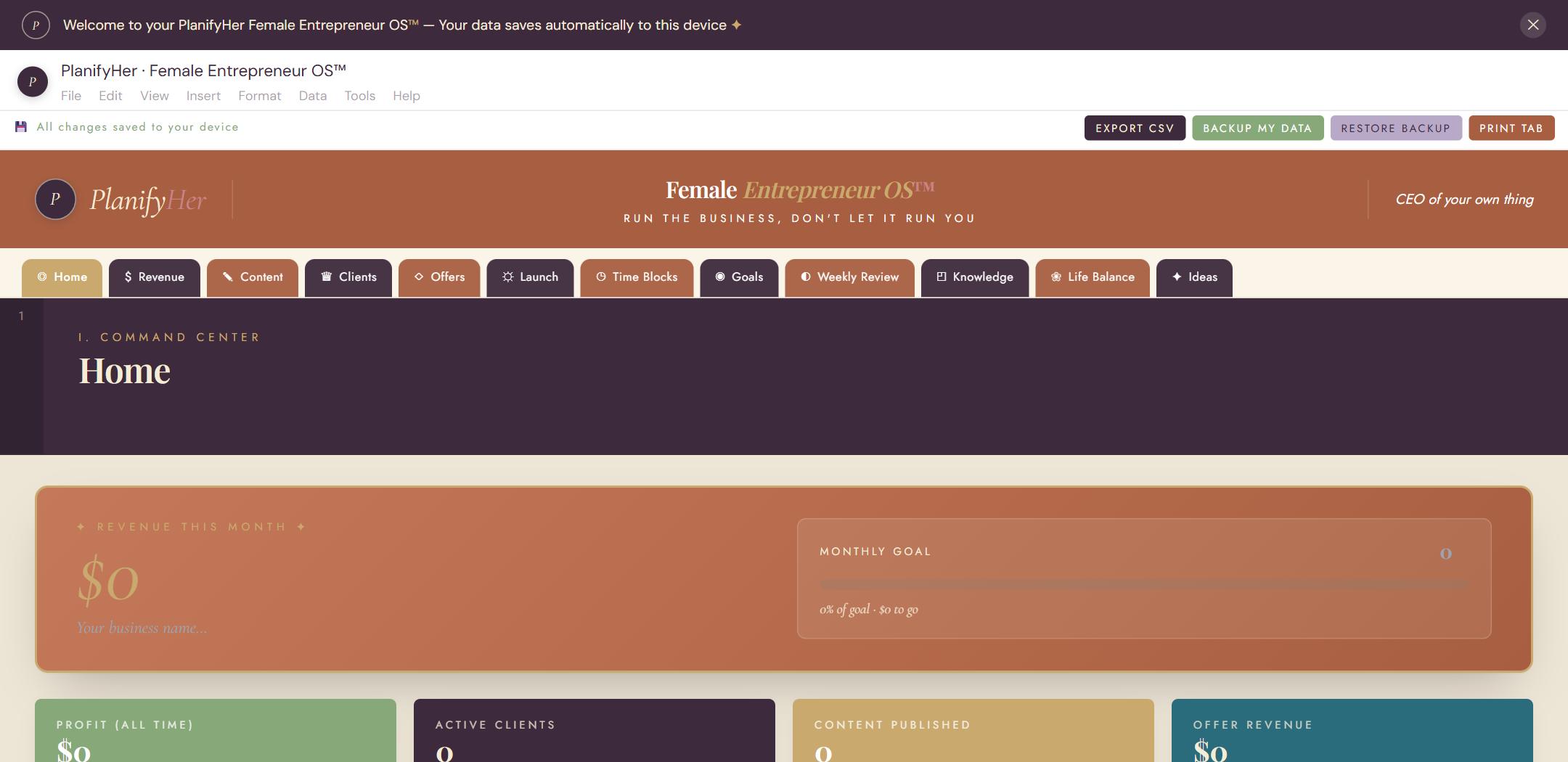 Female Entrepreneur Business OS™ — interactive planner dashboard preview | PlanifyHer