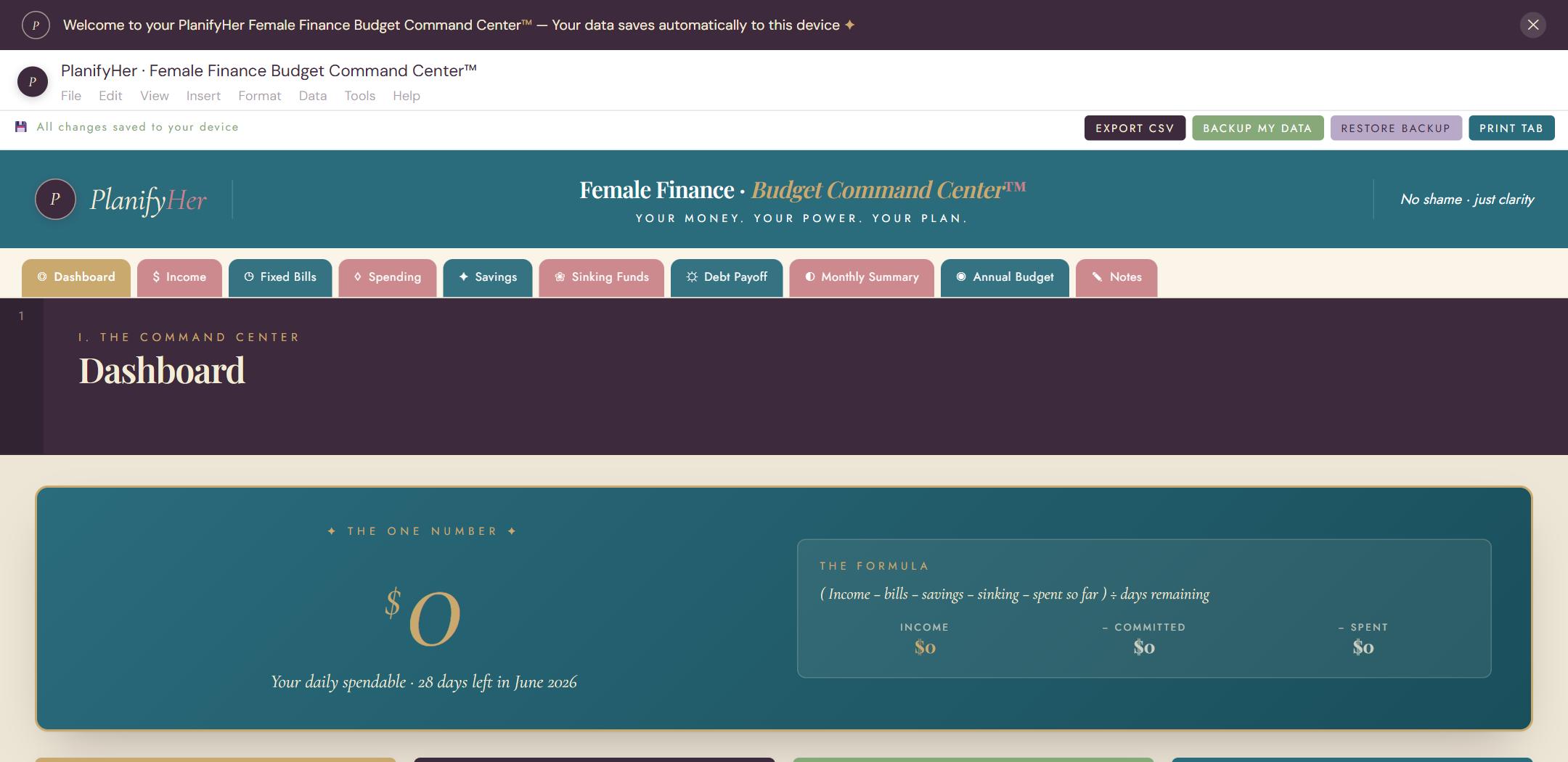 Female Finance Budget Command Center™ — interactive planner dashboard preview | PlanifyHer