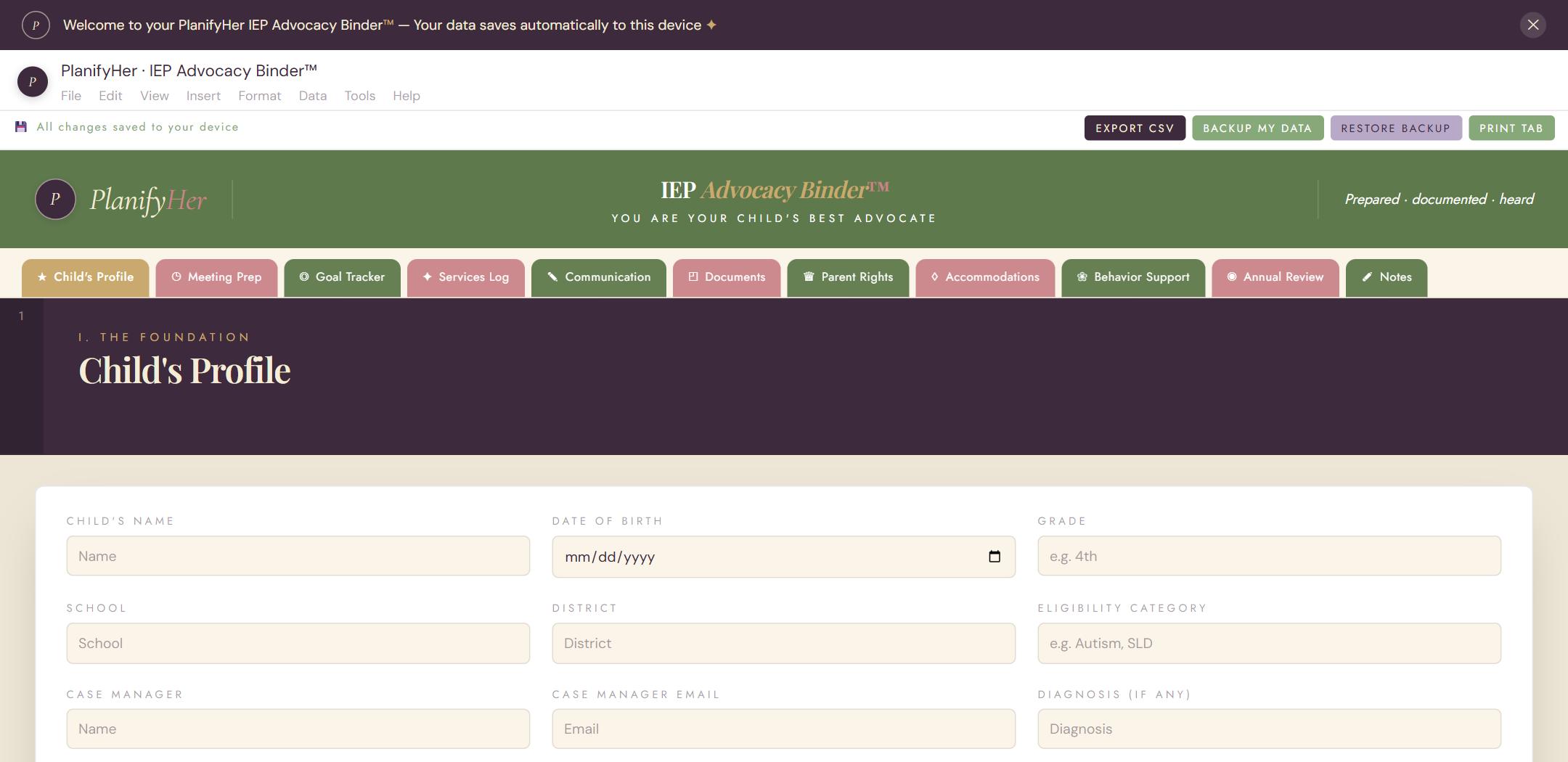 IEP Meeting Advocacy Binder™ — interactive planner dashboard preview | PlanifyHer