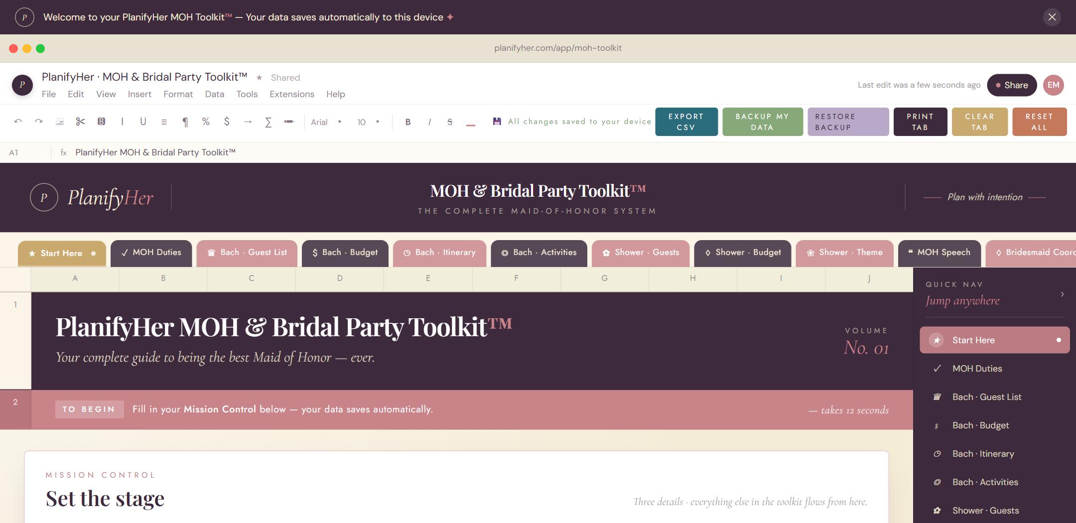MOH & Bridal Party Command Center™ — interactive planner dashboard preview | PlanifyHer