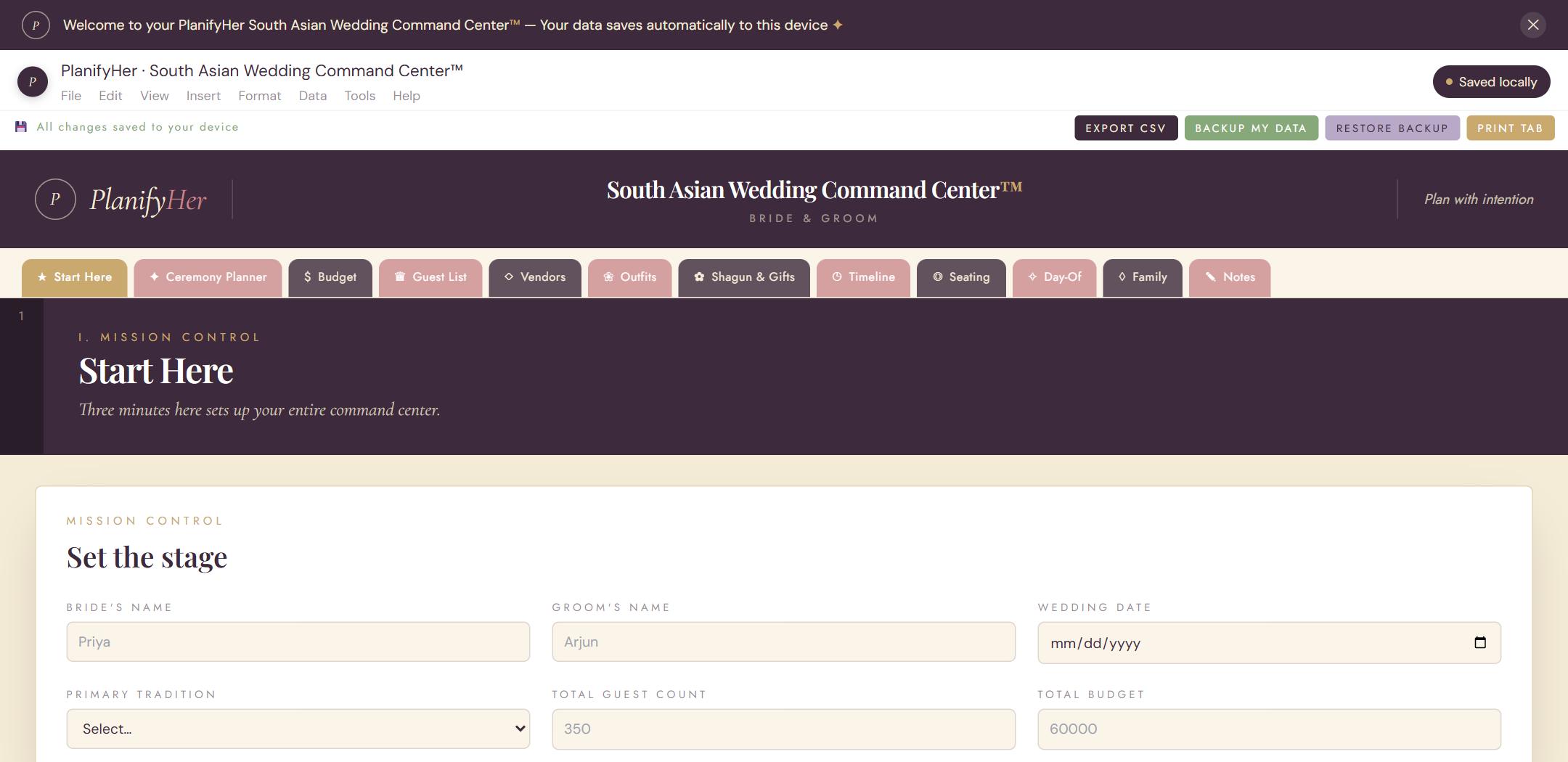 South Asian Wedding Command Center™ — interactive planner dashboard preview | PlanifyHer