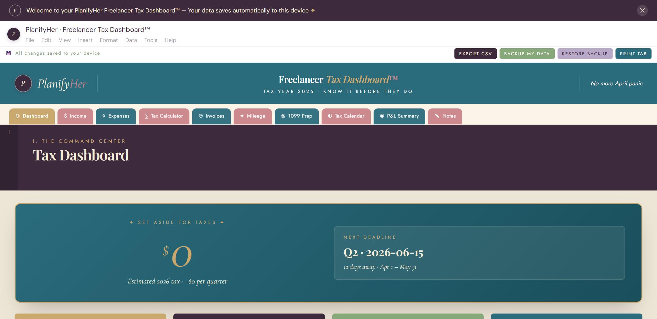 Freelancer Tax & Income Dashboard™ — interactive planner dashboard preview | PlanifyHer