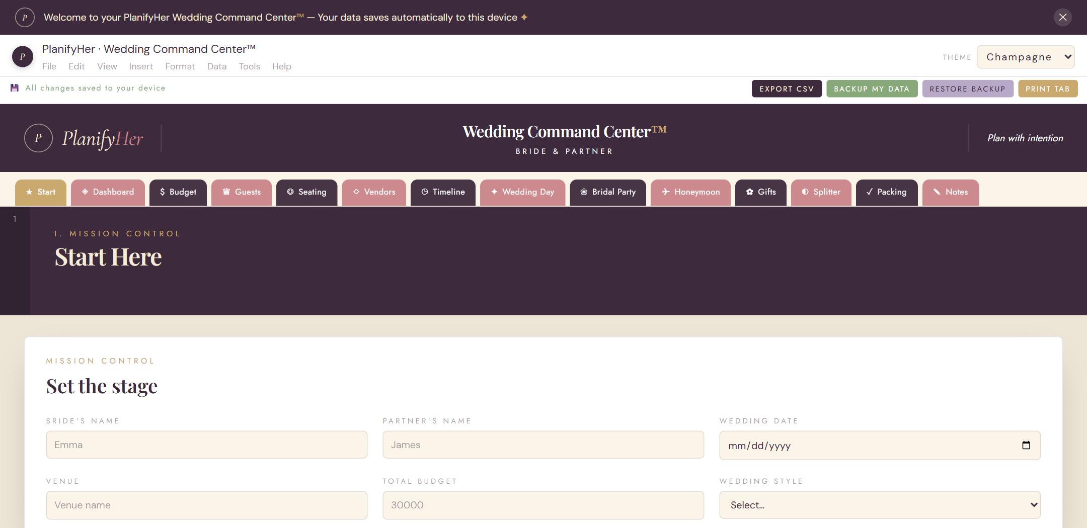 Wedding Command Center™ — interactive planner dashboard preview | PlanifyHer